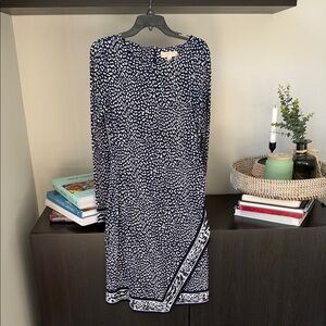 Michael Kors Navy and White Long Sleeve Dress in size Large